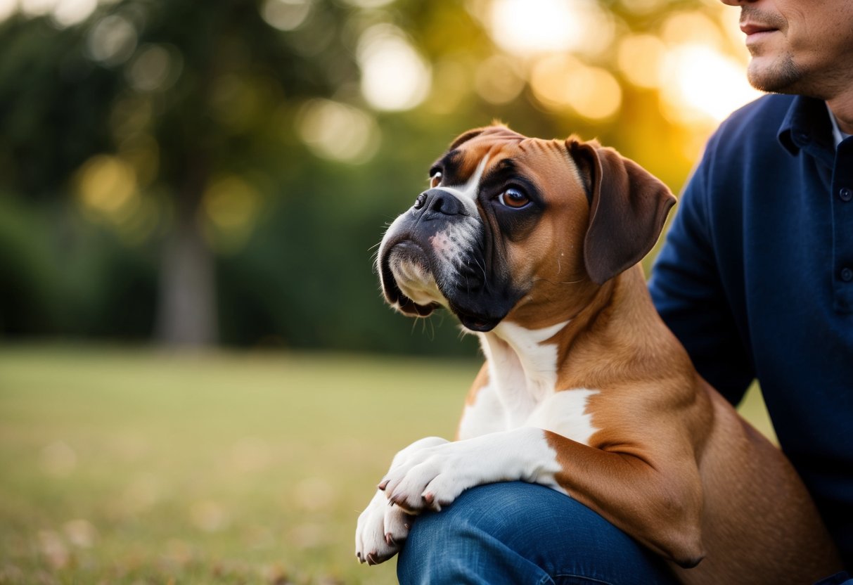 A boxer dog leans against a person's leg, looking up with a concerned expression