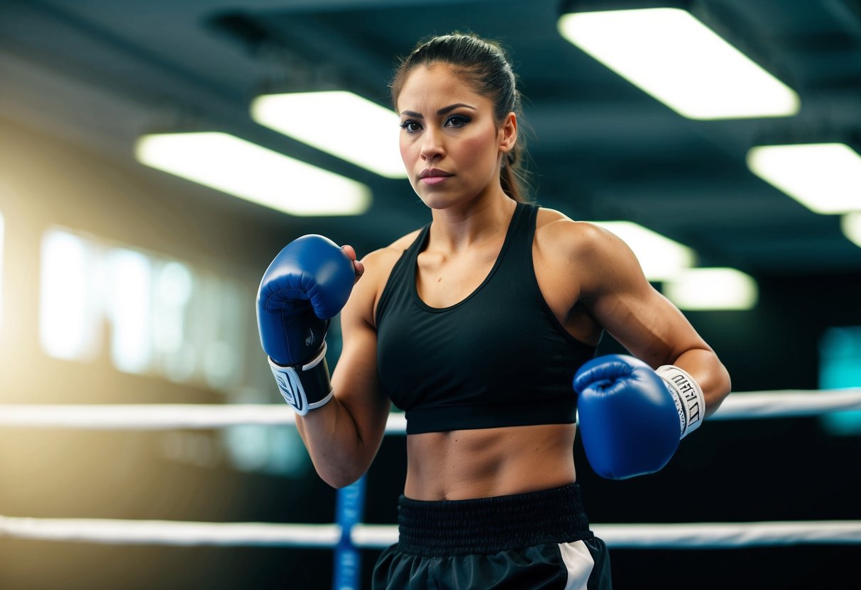 A female boxer confidently stands with a focused expression, muscles tensed, and ready to spring into action