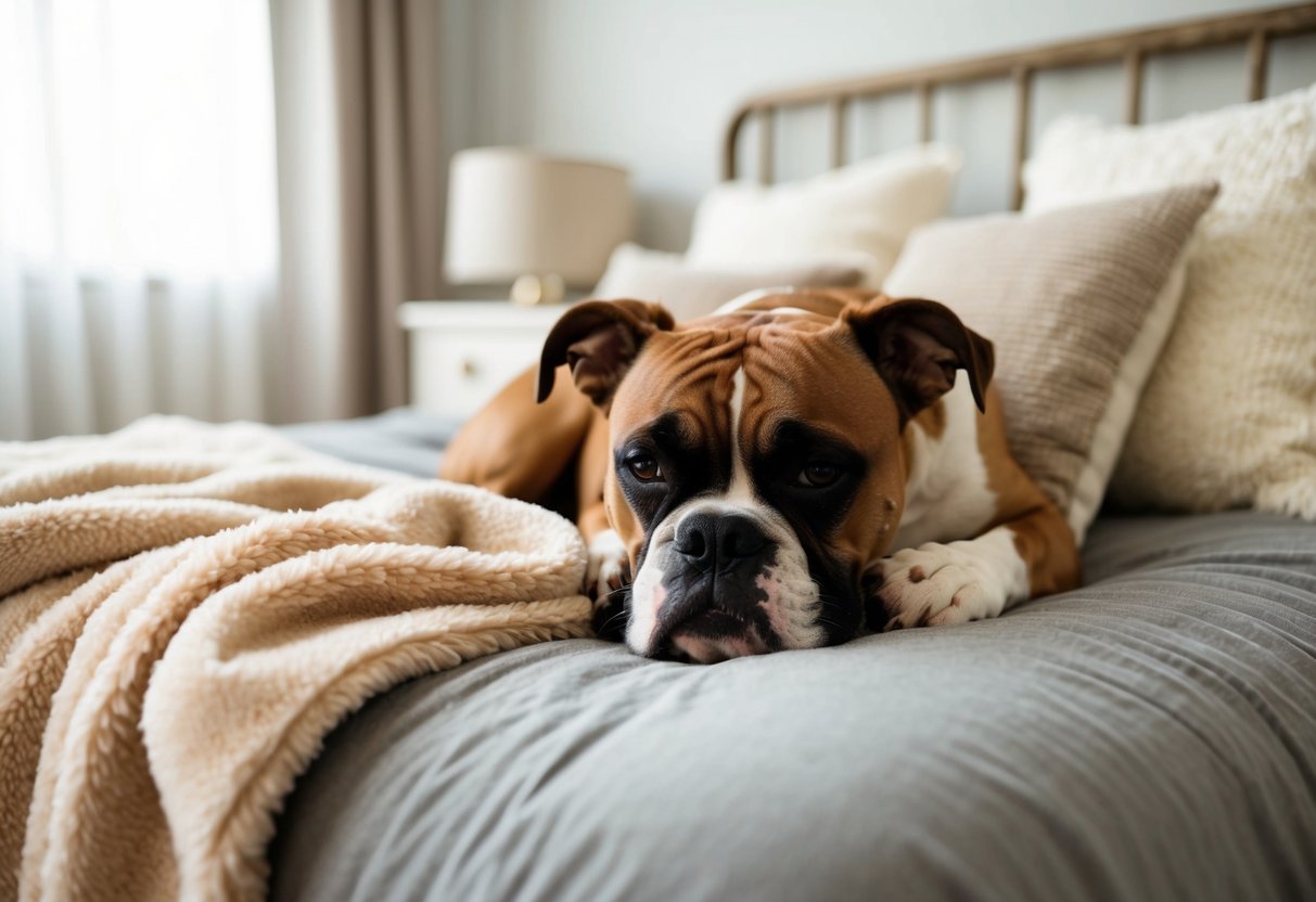 A boxer dog curled up on a plush blanket, surrounded by soft pillows and a cozy bed, with a contented look on its face