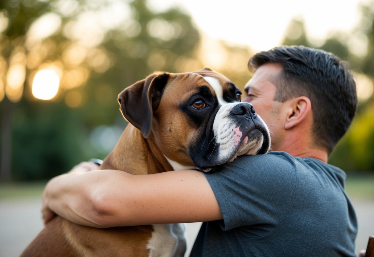 A boxer dog nuzzles into the crook of their owner's arm, gazing up with adoring eyes, their bodies pressed close in a warm embrace