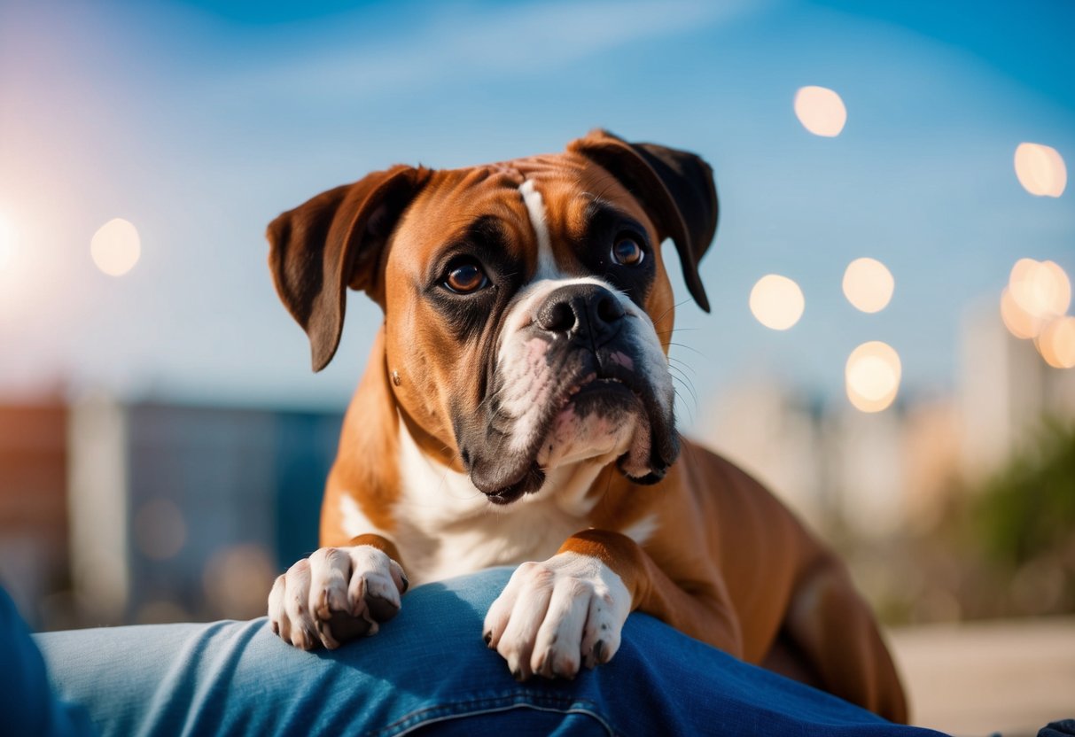 A boxer dog rests its paw on a person's leg, looking up with a curious and affectionate expression