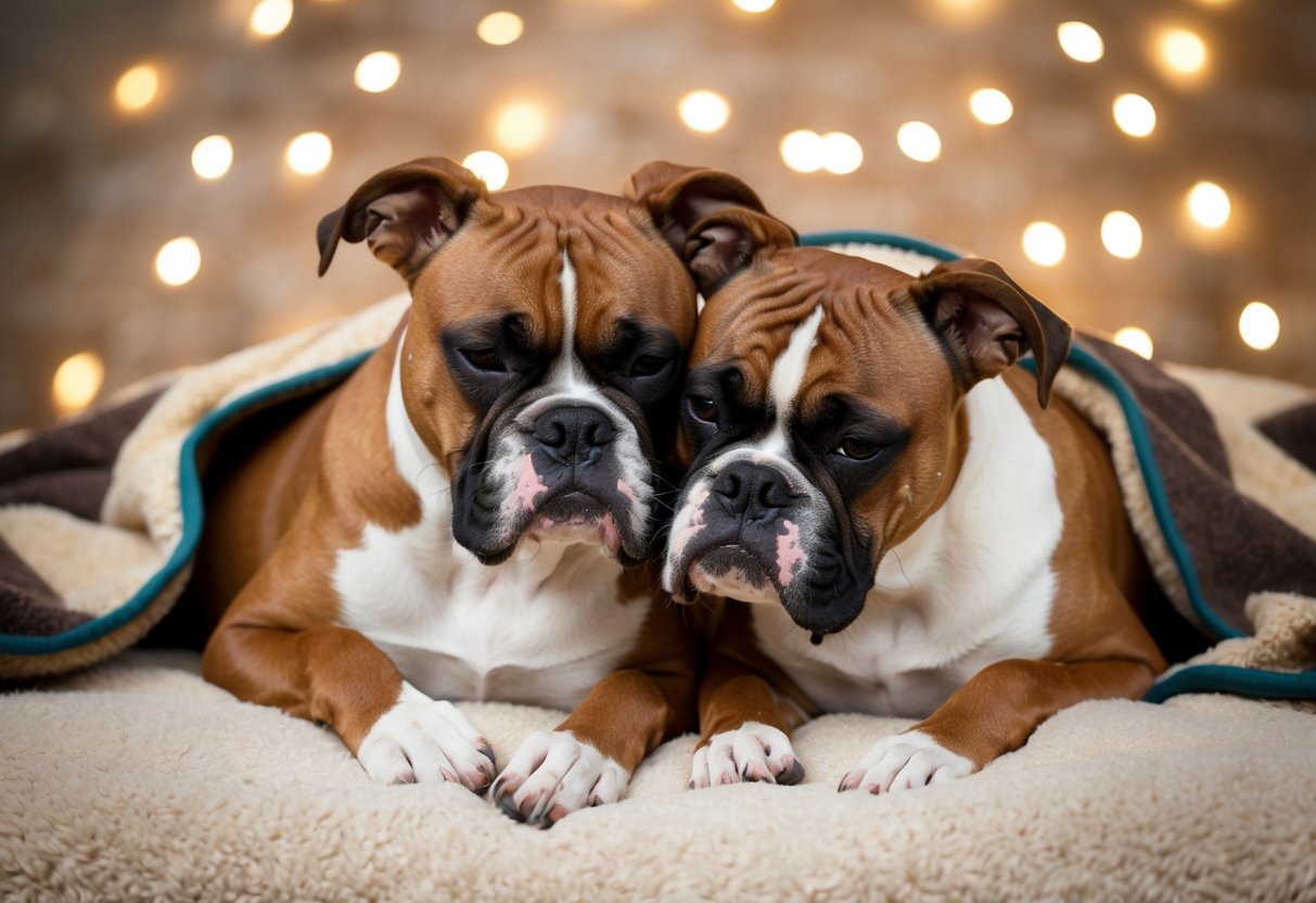 Two boxers curled up together on a cozy blanket, nuzzling each other with contented expressions