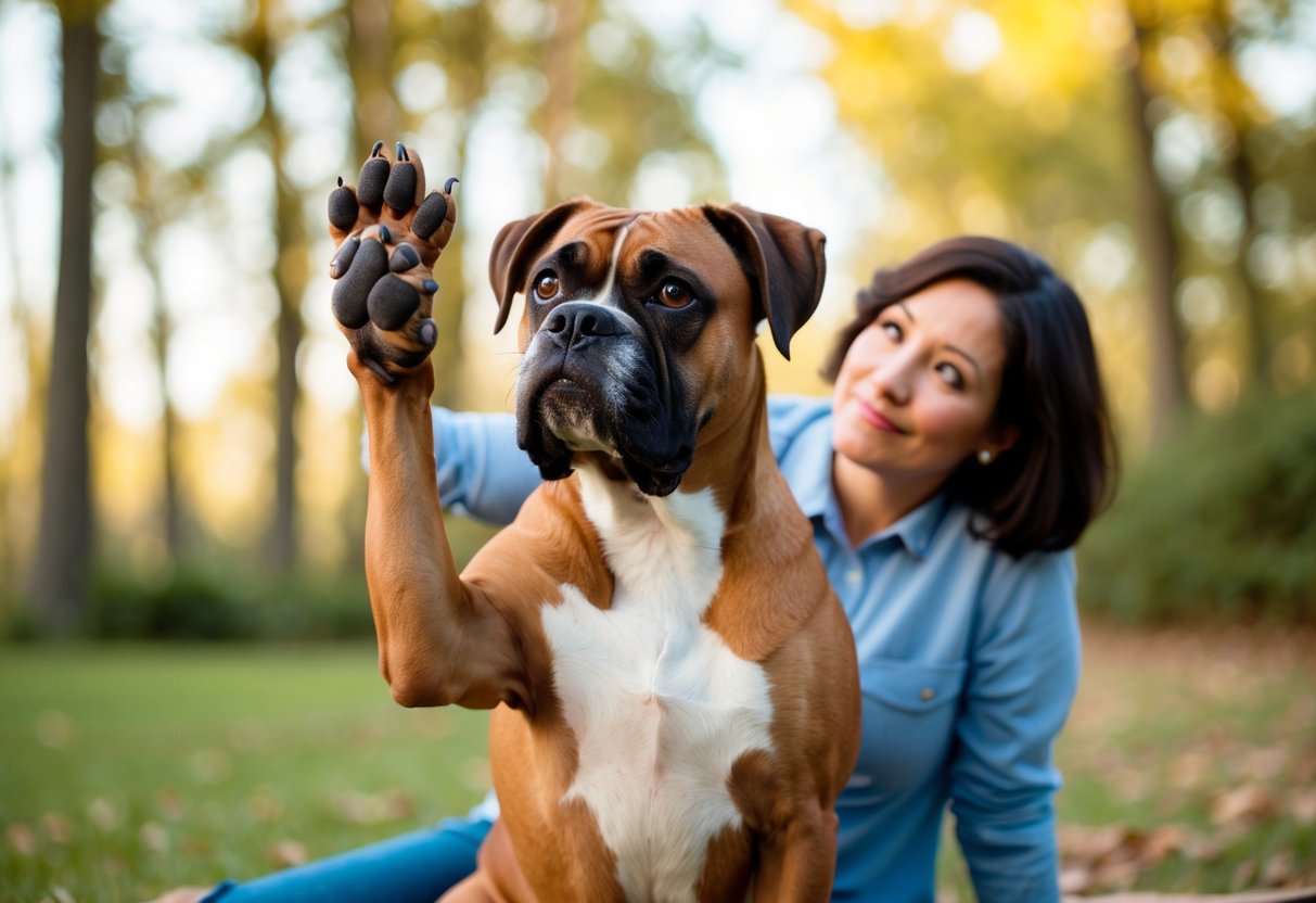 A boxer dog sitting with one paw raised, looking up at their owner with a curious expression
