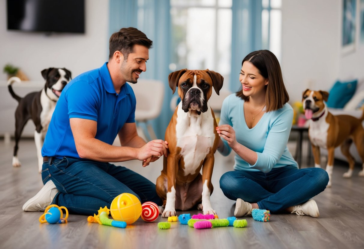 A boxer dog sits calmly next to its owner, surrounded by various toys and treats. The owner is engaging in positive reinforcement training, while other dogs play happily in the background