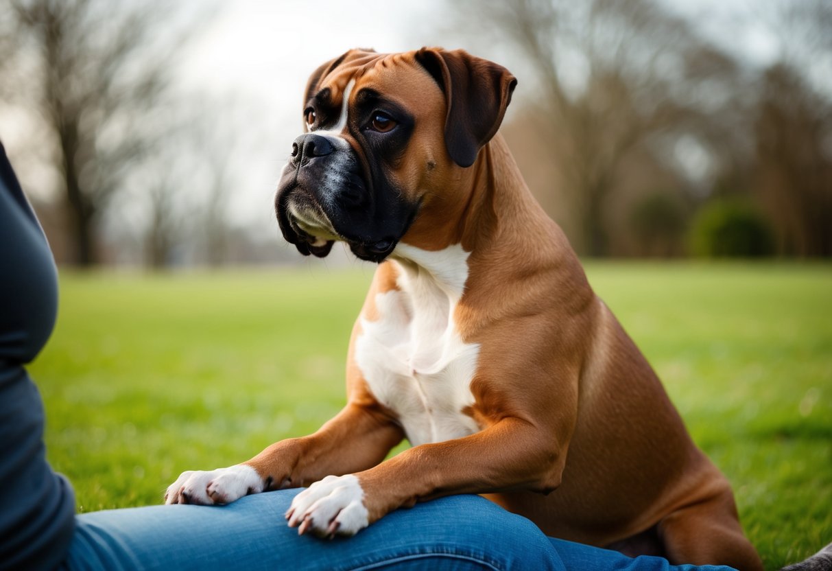 A boxer dog sitting with one paw resting on a person's leg, looking up expectantly