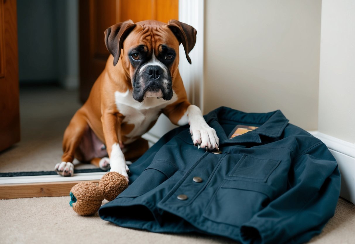 A boxer dog anxiously waits by the door, pawing at a chewed-up toy. The owner's scent lingers on the abandoned jacket, providing comfort