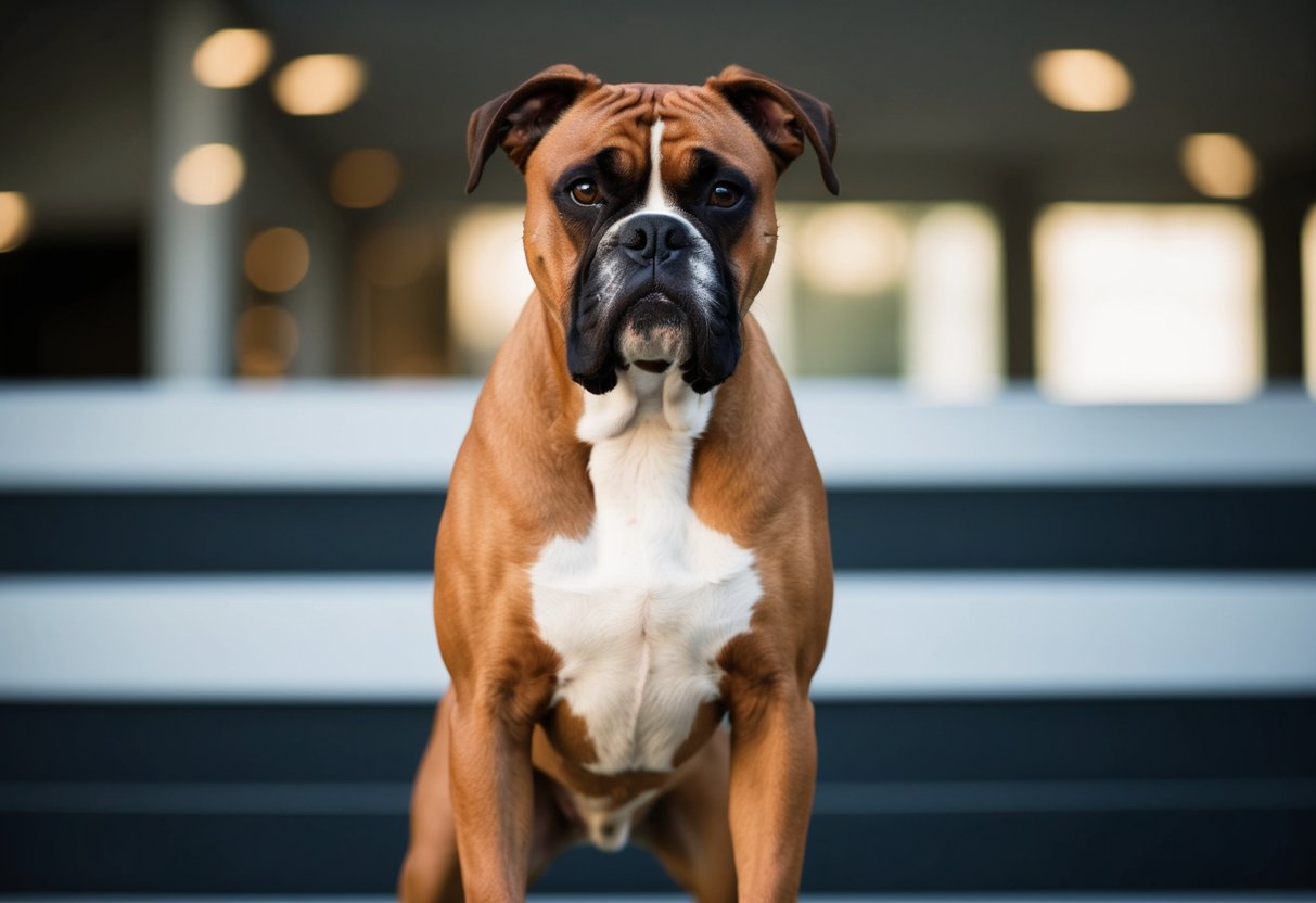 A boxer dog stands tall, with a confident stance and alert expression, exuding a strong and intimidating presence
