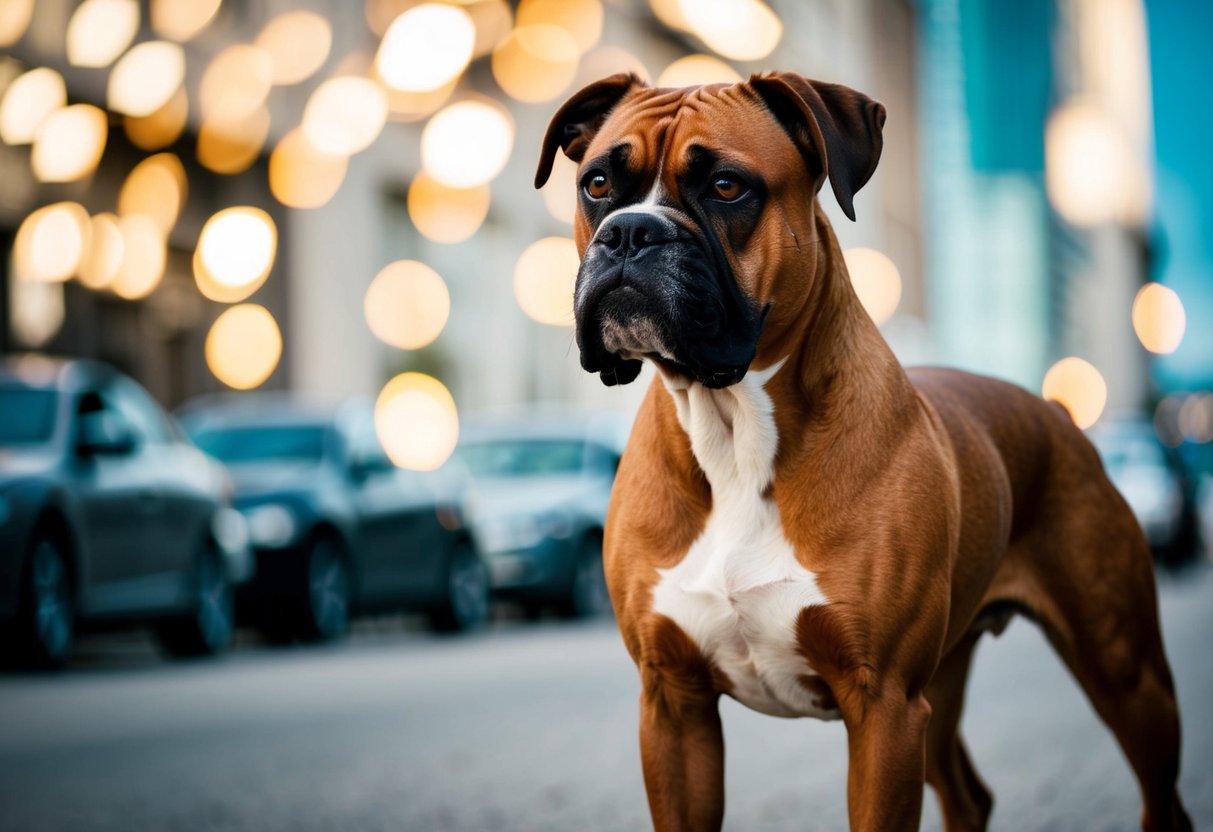 A muscular boxer dog stands confidently, with a strong stance and alert expression, exuding a powerful and intimidating presence