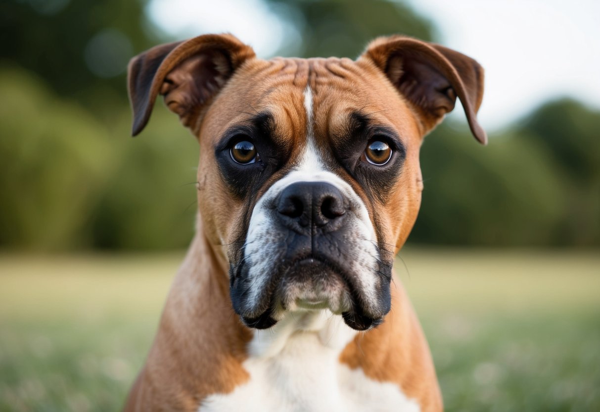 A boxer dog with intense eyes gazes directly at the viewer, head slightly tilted, ears perked up in curiosity