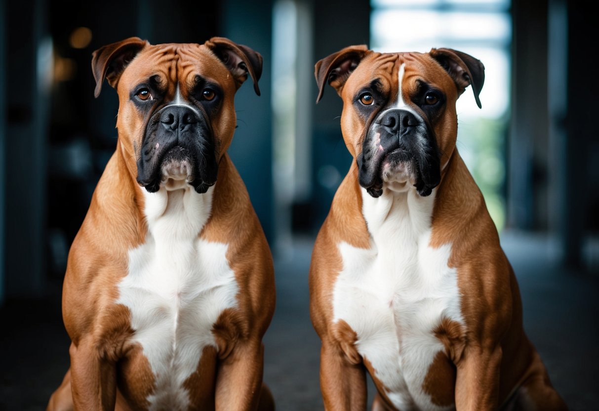 Two boxer dogs stand tall, muscles bulging, and alert. Their intense gaze and strong stance exude an intimidating presence, emphasizing the importance of health and wellness in their breed