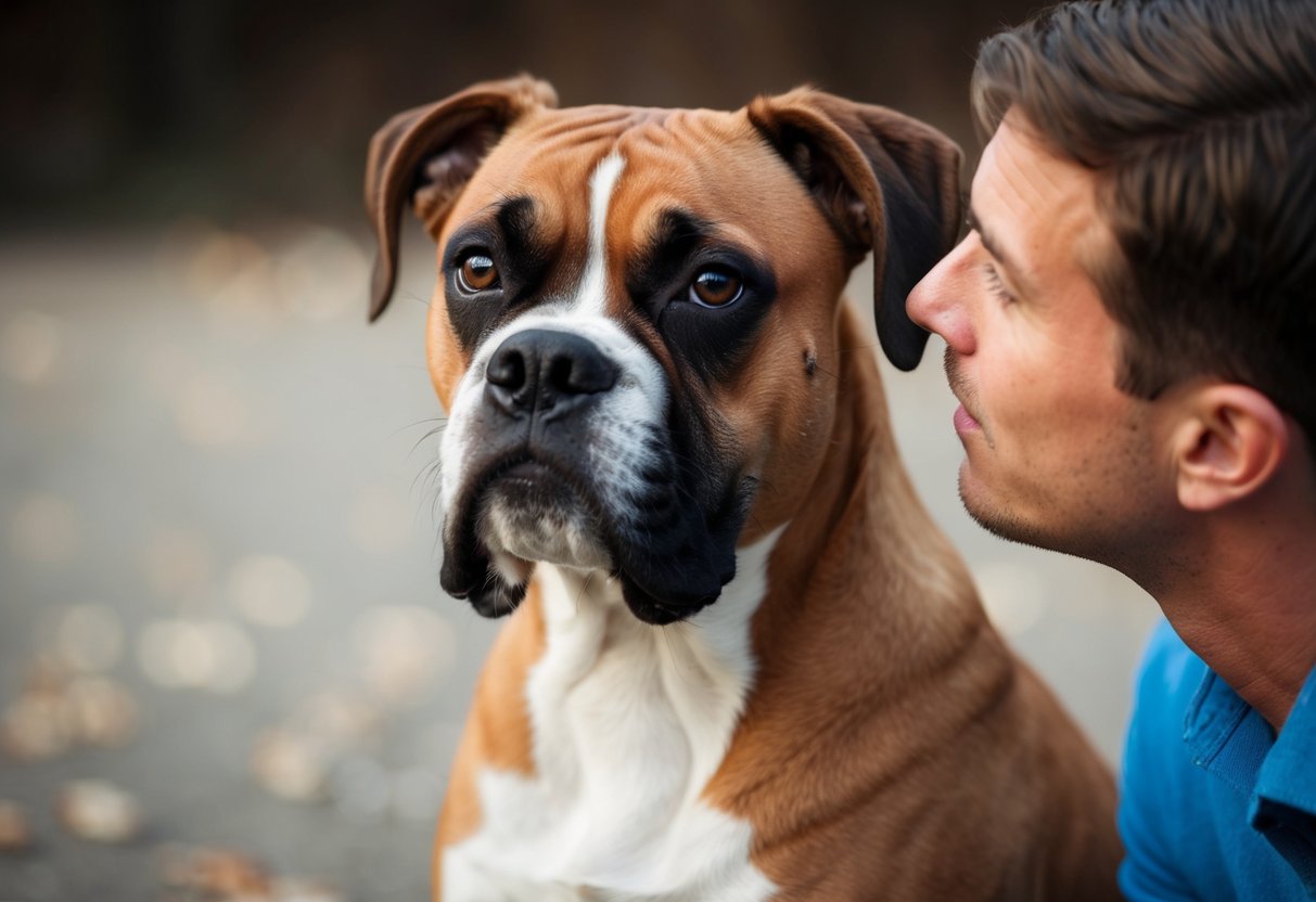 A boxer dog stares intently at its owner, head slightly tilted, with a curious and attentive expression