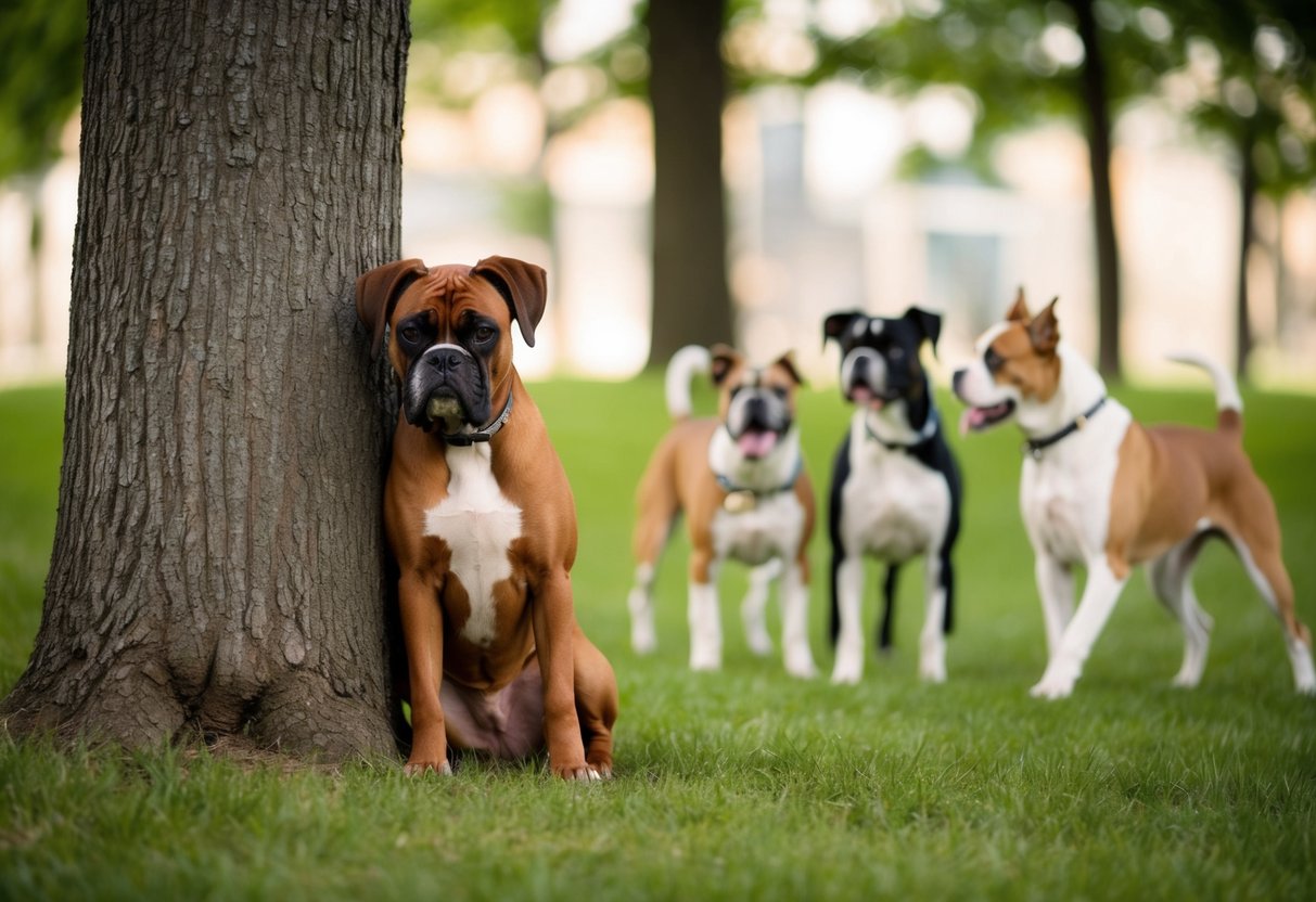 A boxer dog cowers behind a tree, ears back and tail tucked, avoiding eye contact with a group of playful dogs