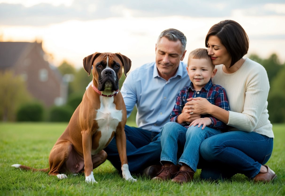 A boxer dog sitting calmly next to a family, showing affection and loyalty as a gentle and friendly companion
