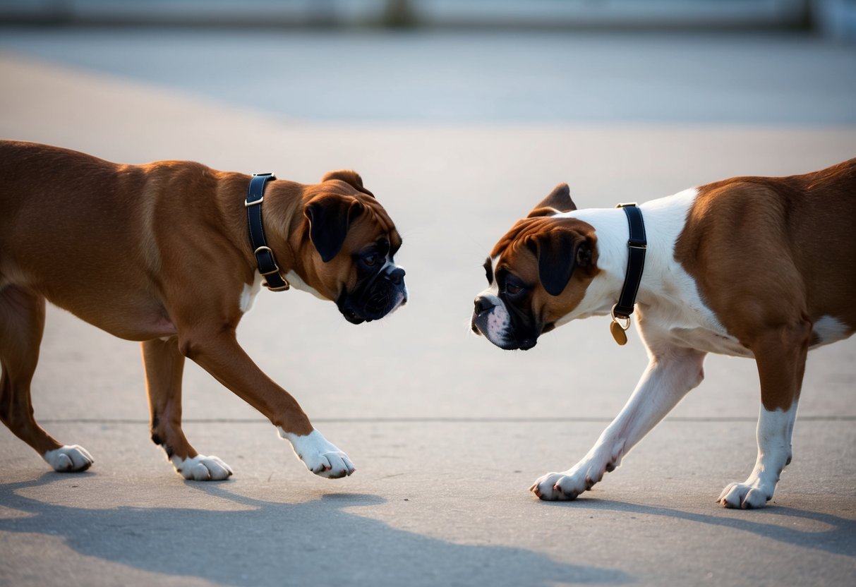 Two boxers cautiously approach each other, tails tucked and ears down, in a quiet, open space