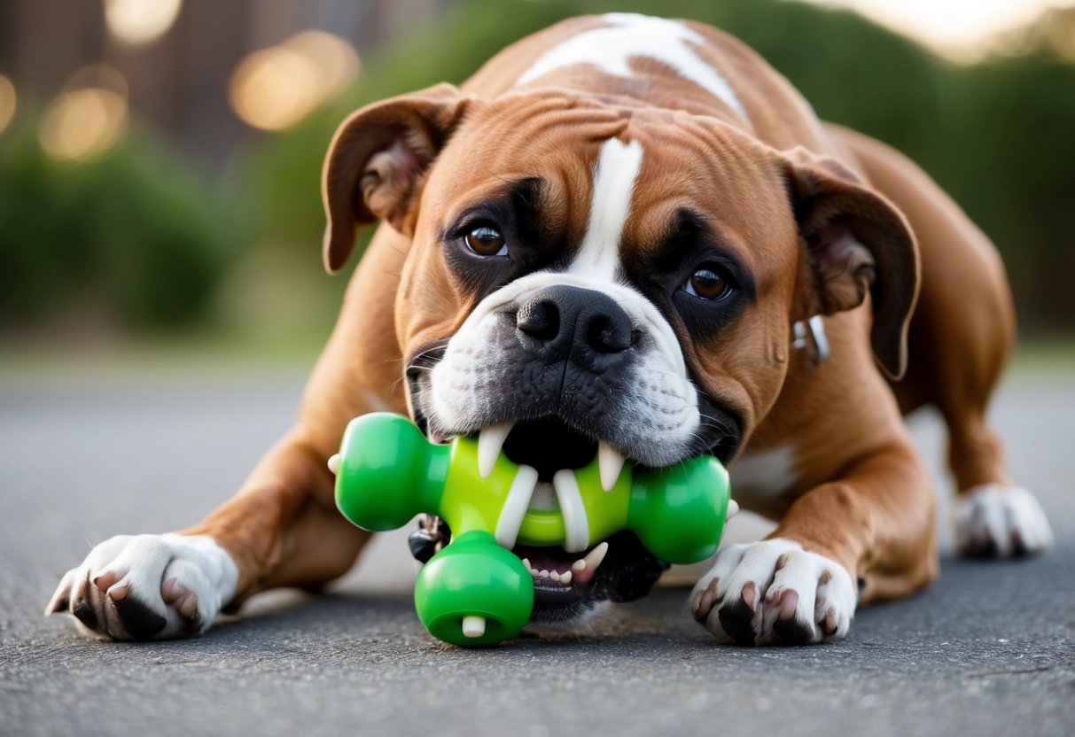 A boxer dog's powerful jaws clamp down on a sturdy chew toy, showcasing their strength and determination