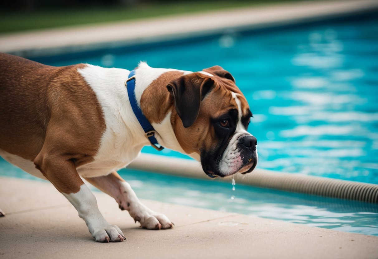 A boxer dog hesitantly approaches a pool, ears pinned back and tail tucked, eyeing the water with suspicion