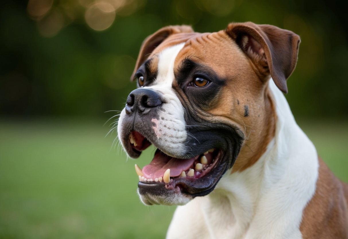 A close-up of a boxer dog's head, showing the structure of its jaw and teeth, with a focus on the mechanics of its bite