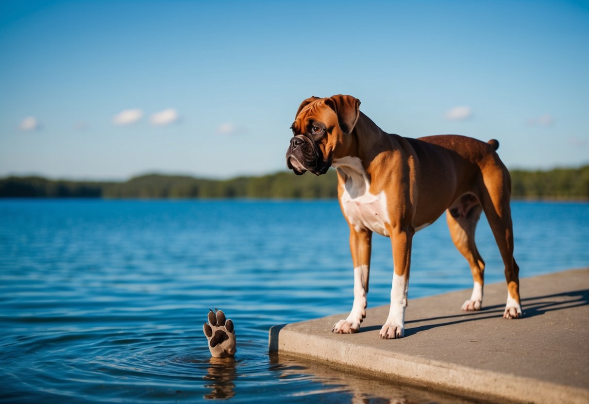 A boxer dog stands on the edge of a clear blue lake, hesitantly dipping its paw into the water while looking uncertain