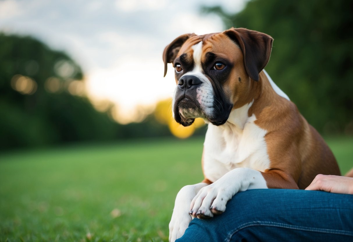 A boxer dog sits with one paw resting on a person's leg, looking up with a gentle, inquisitive expression