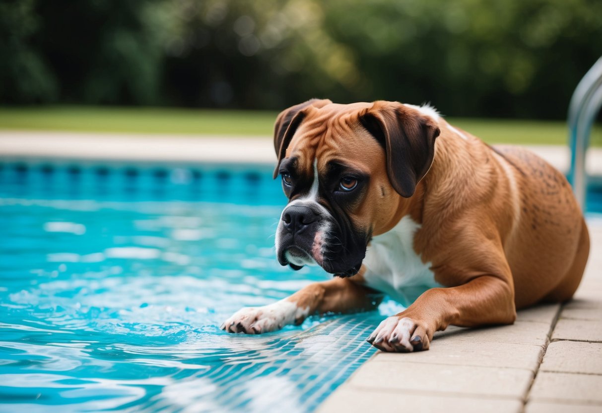 A boxer dog cautiously approaches the edge of a pool, looking hesitant but curious about the water