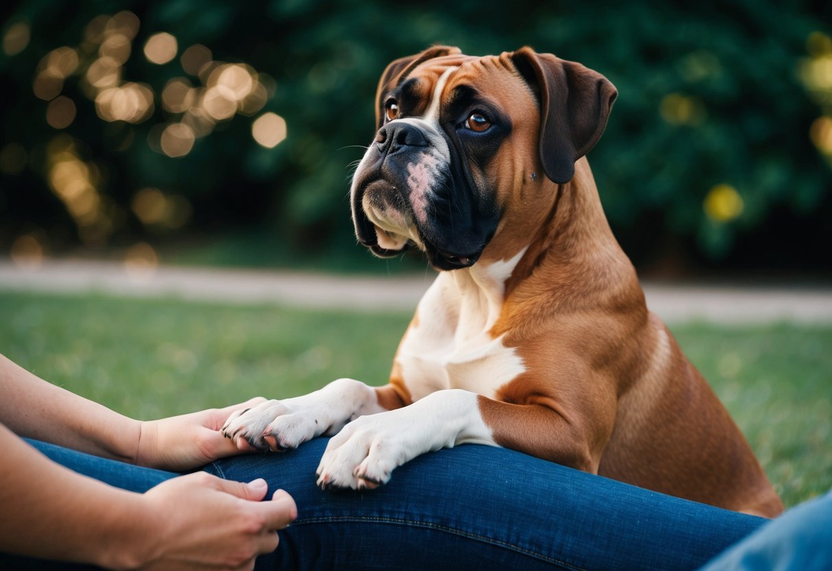 A boxer dog sitting with its paw gently resting on someone's leg, looking up at them with a curious and affectionate expression