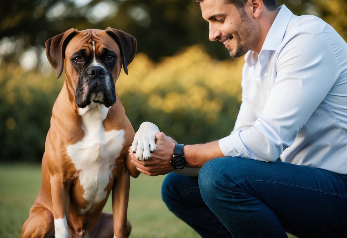 A boxer dog sits attentively, placing its paw on a person's leg, while the person looks down at the dog with a smile