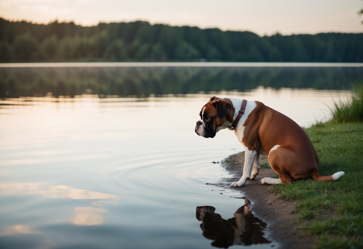 A boxer dog hesitating at the edge of a calm lake, eyeing the water with uncertainty