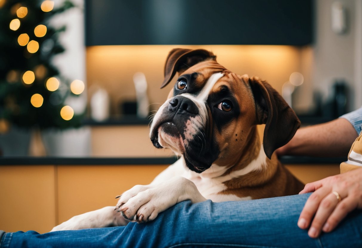 A boxer dog sitting with one paw resting on a person's leg, looking up with a loving expression