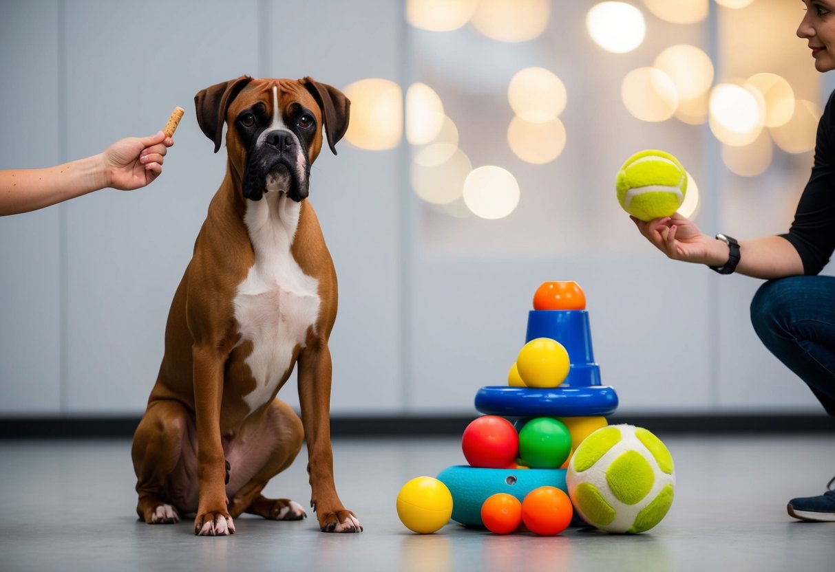 A boxer dog sits obediently next to a pile of toys, while a trainer holds a treat in one hand