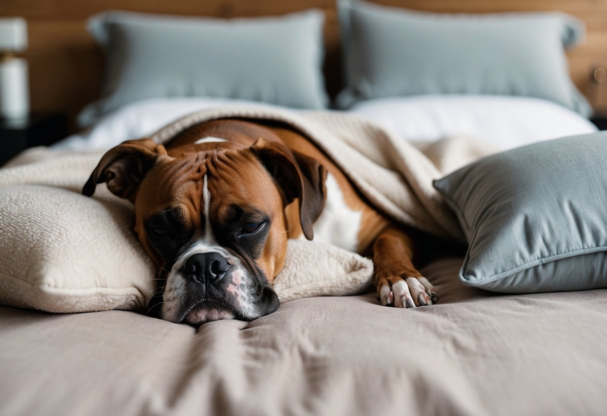 A content boxer dog curls up on a cozy bed, surrounded by soft blankets and pillows, peacefully asleep