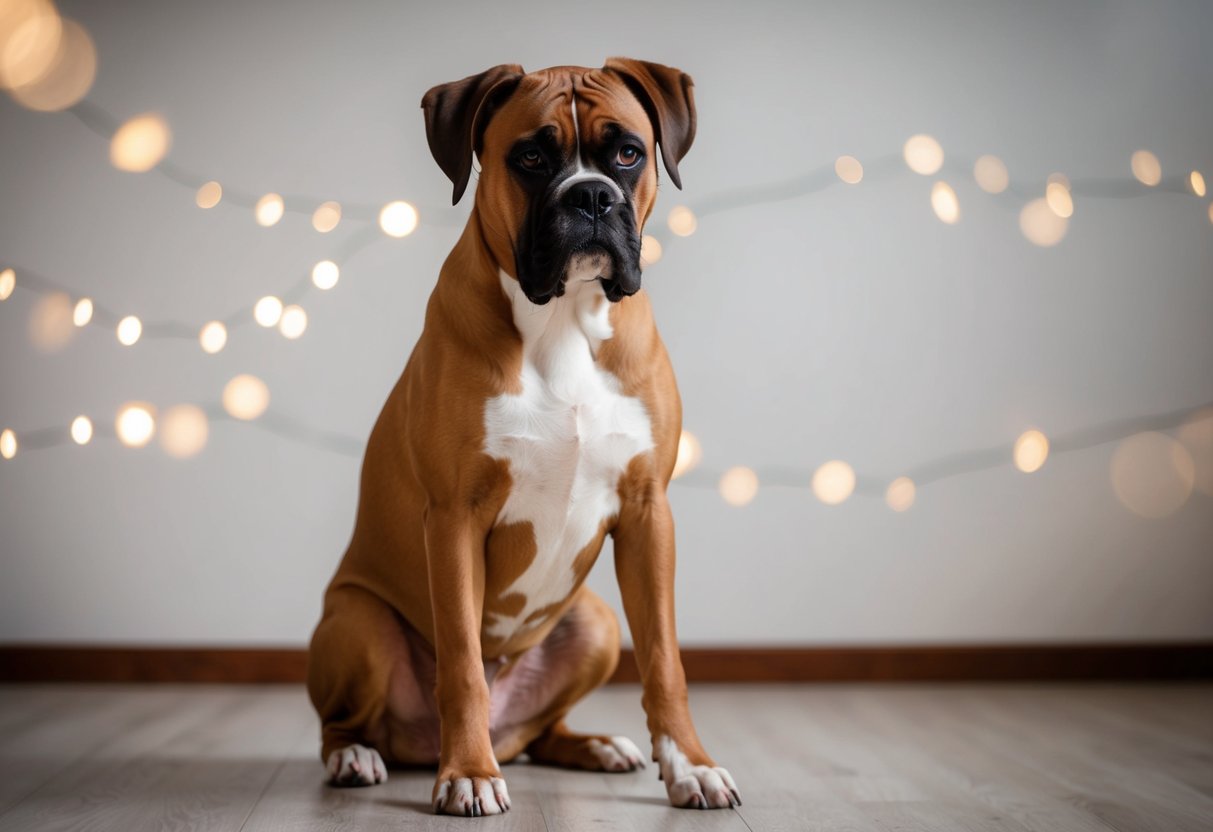 A boxer dog obediently follows commands, sitting attentively with focused eyes and a relaxed posture, demonstrating their trainable nature