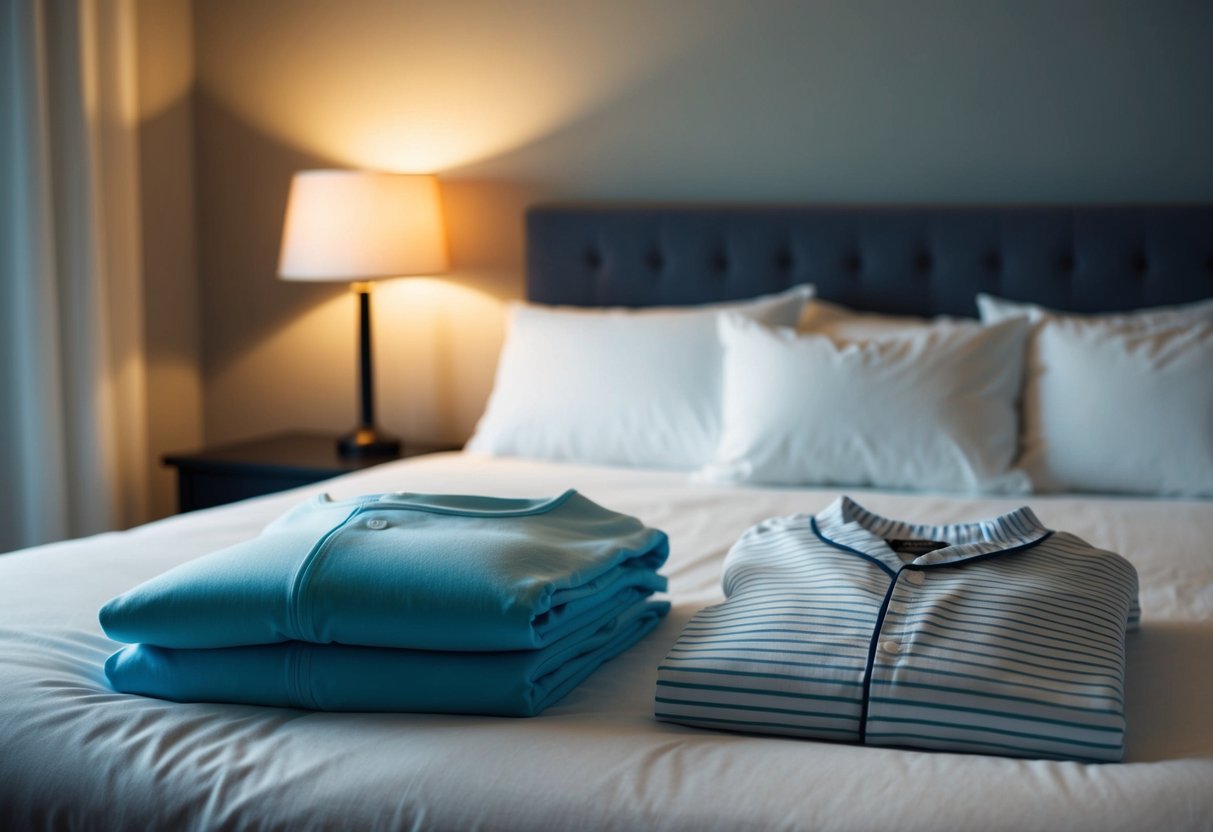 A pair of boxers and other sleepwear lying on a neatly made bed, with a dimly lit bedside lamp casting a soft glow