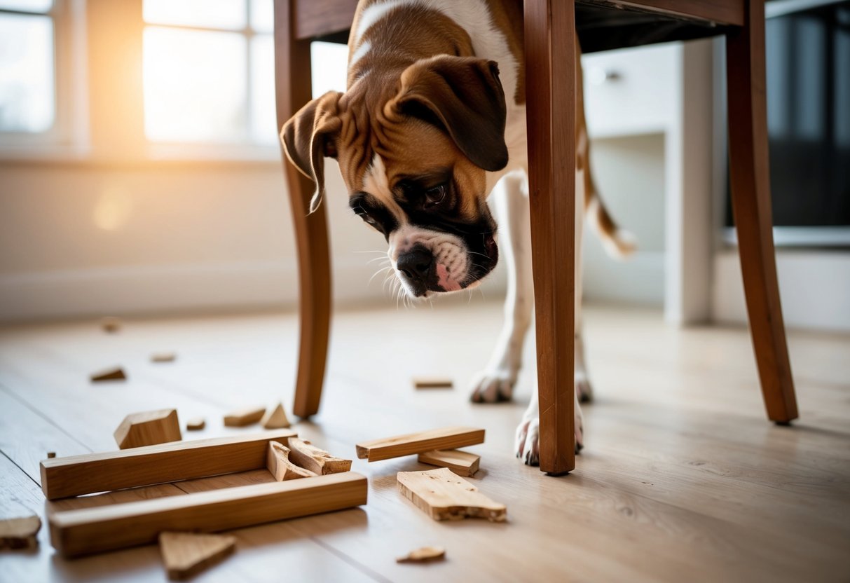 A boxer dog chews on a wooden chair leg, with pieces of splintered wood scattered around the room