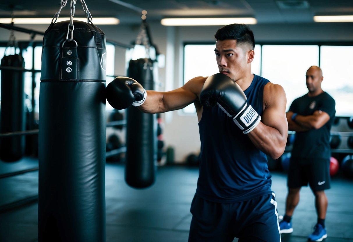 A boxer trains in a gym, shadowboxing and hitting a punching bag. A coach watches and provides guidance