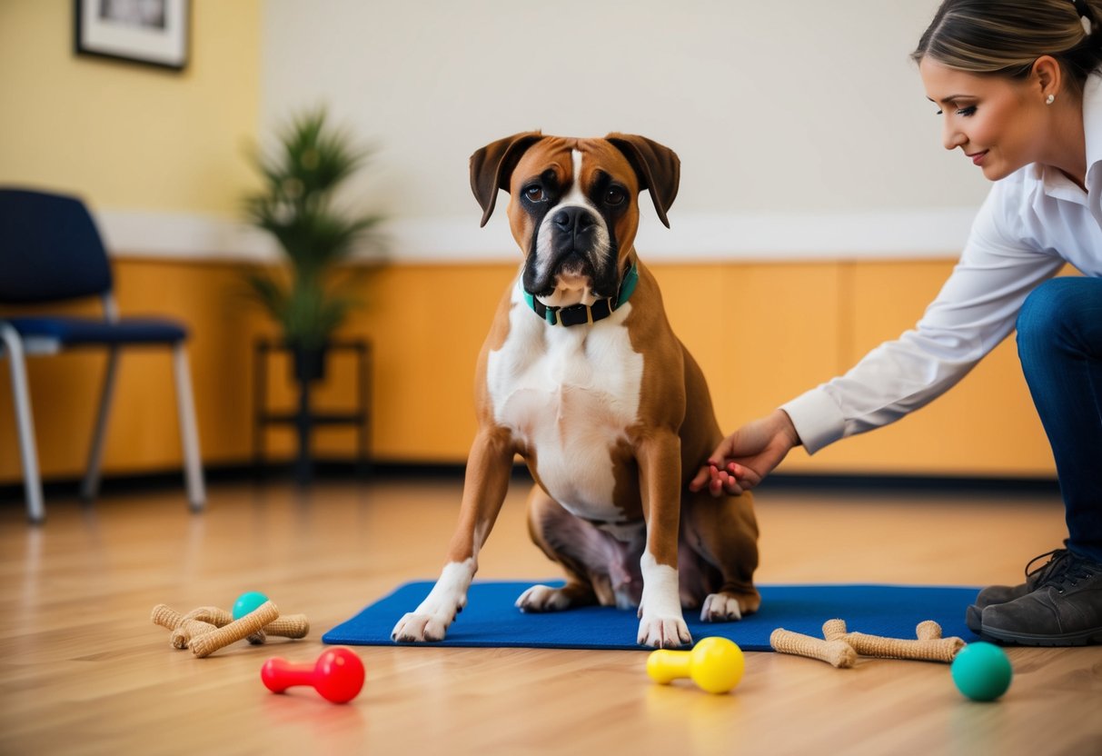 A boxer dog sits attentively in a training class, surrounded by chew toys and a trainer demonstrating positive reinforcement techniques