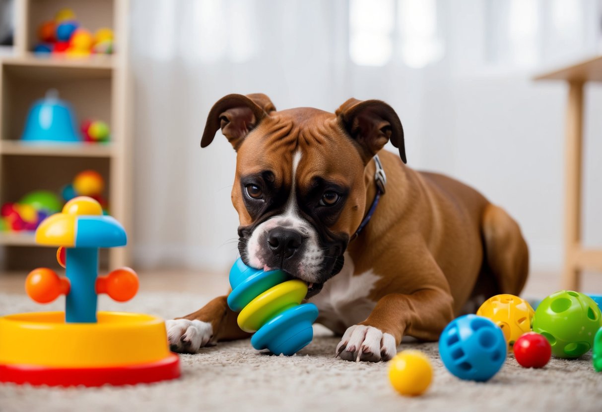 A boxer dog chewing on a toy while surrounded by various engaging toys and puzzle feeders