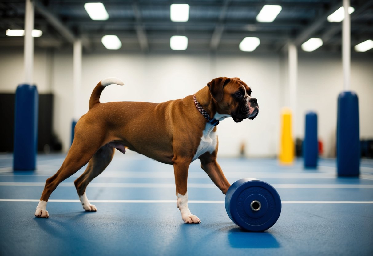 A boxer dog diligently practicing advanced training exercises in a spacious, well-lit training area
