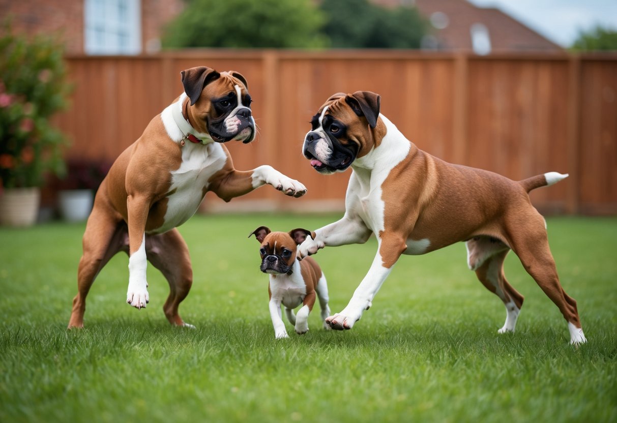 Two boxers playfully interact with a smaller dog in a spacious backyard