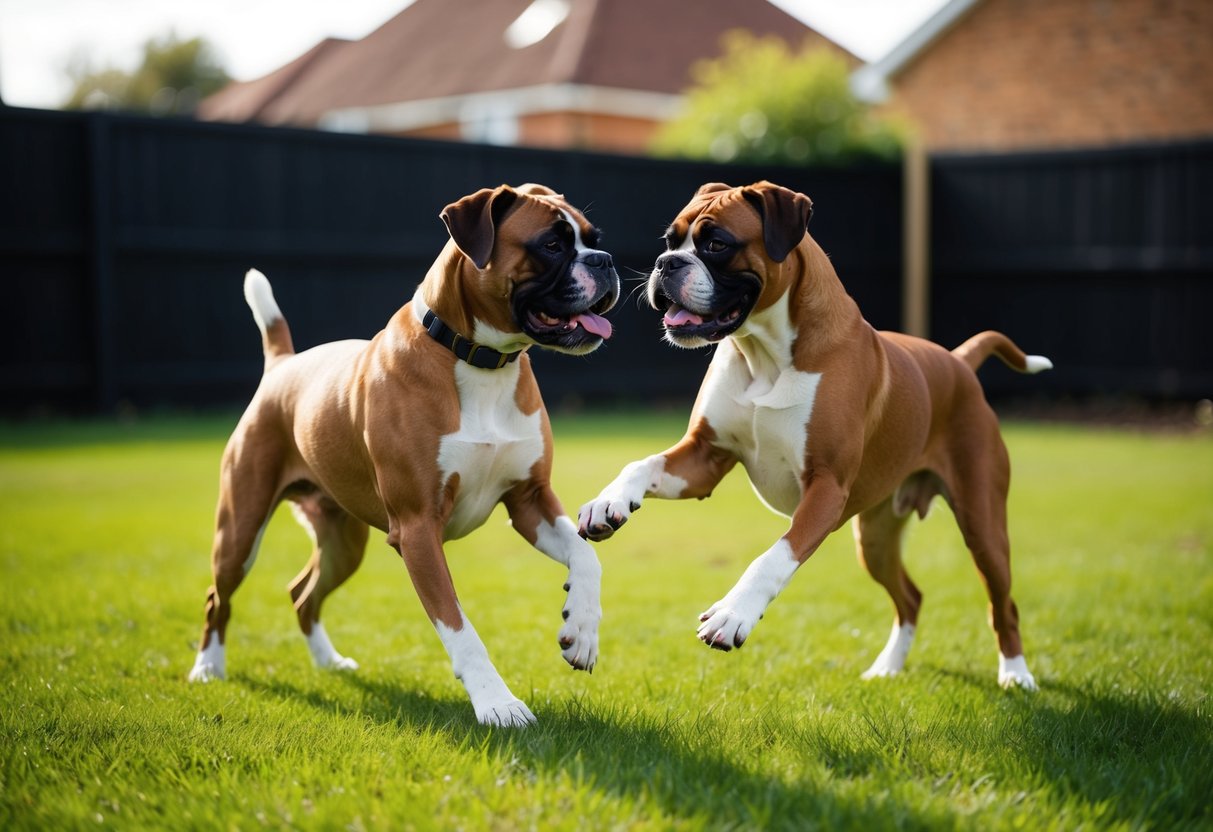 Two Boxer dogs playfully interact in a spacious backyard, showcasing their strong bond and companionship