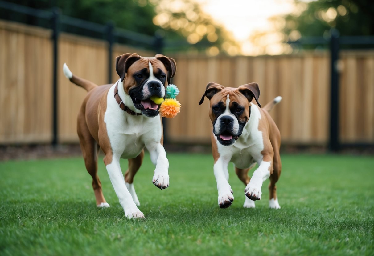 Two boxers playing in a fenced yard, one with a toy in its mouth, the other chasing after it