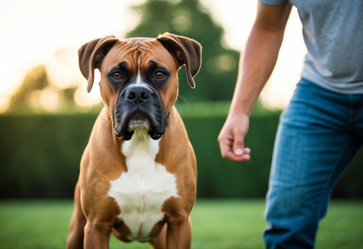 A boxer dog stands alert, ears perked, and muscles tense, ready to protect its owner