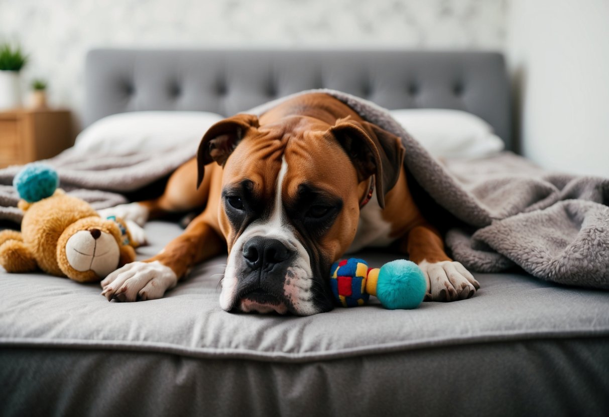 A boxer dog lies on a soft bed, surrounded by their favorite toys and a cozy blanket. Gentle music plays in the background as the dog closes their eyes and takes deep, slow breaths