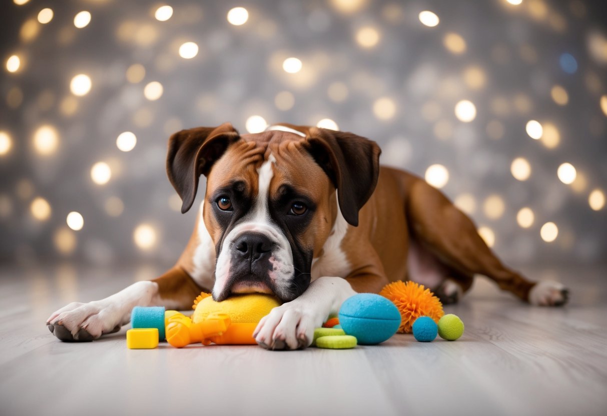 A boxer dog lying down, surrounded by toys and treats, with soothing music playing in the background