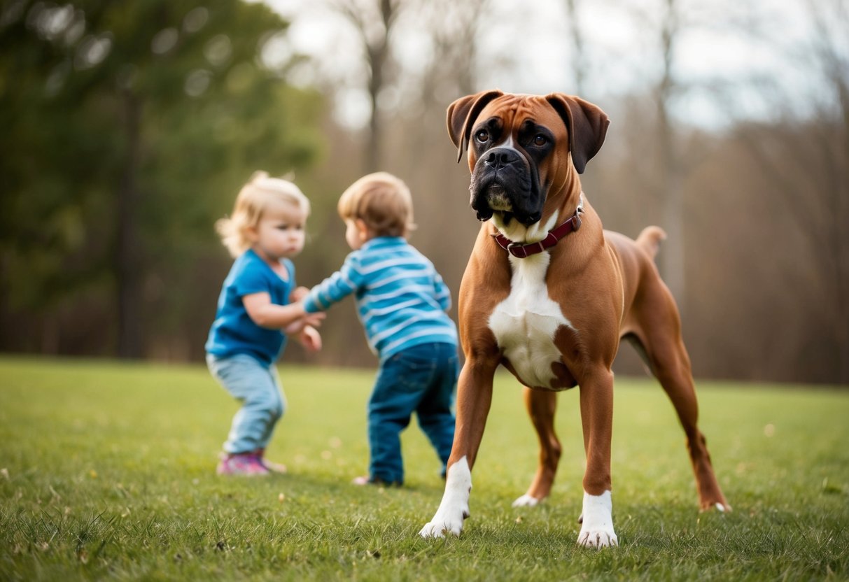 A boxer dog stands alert, ears perked, and muscles tense, guarding a child from potential danger