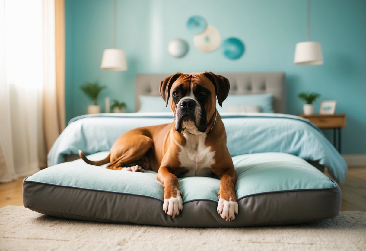 A boxer dog lies on a soft bed in a sunlit room, surrounded by soothing colors and gentle music playing in the background