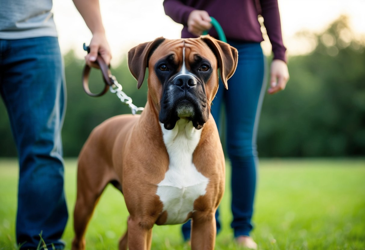 A boxer dog stands proudly, ears alert, in front of its owner. The owner is holding a leash, and the dog looks focused and ready to protect