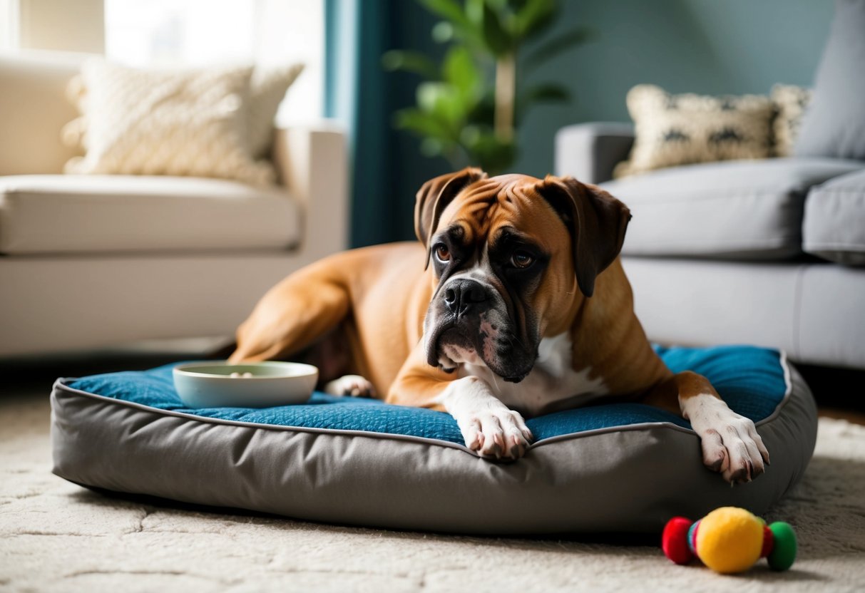 A 13-year-old boxer dog lounges on a cozy dog bed, surrounded by well-loved toys and a bowl of water, with a graying muzzle and wise, soulful eyes