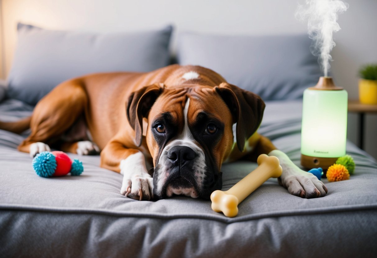 A boxer dog lies on a soft bed, surrounded by toys and a chew bone. A calming diffuser emits a soothing scent in the background