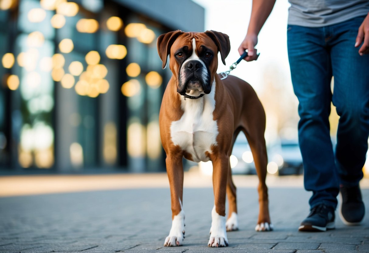 A boxer dog standing alertly in front of its owner, exuding confidence and loyalty