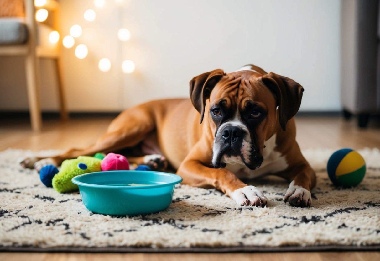 A 13-year-old boxer dog lounges on a cozy rug, surrounded by toys and a bowl of water, with a tired but content expression on its face